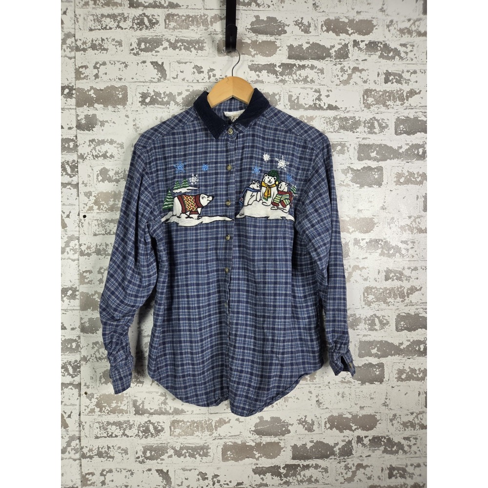 Vintage Casey & Max Large Plaid Shirt Blue Embroidered Holiday Polar Bears